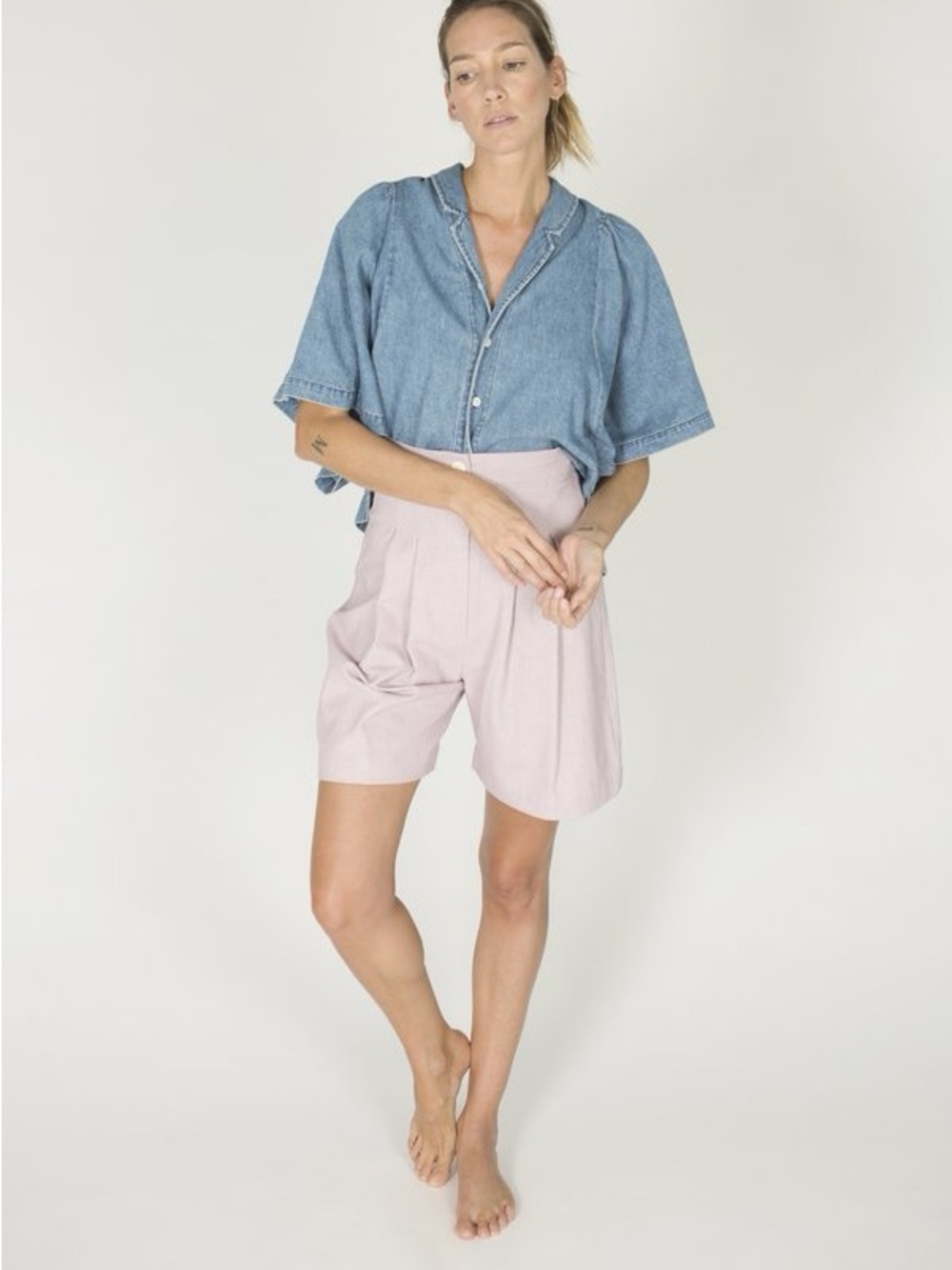 Ilana Kohn Sheldon Light Blue Washed Denim Button-Front Puff Sleeve Shirt